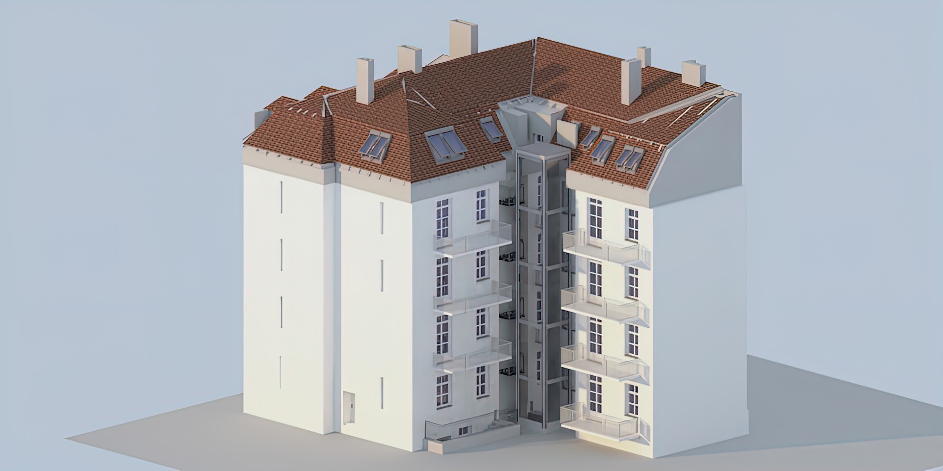 Destouchesstraße, 3D-Rendering des Wohngebäudes mit Glasaufzug
