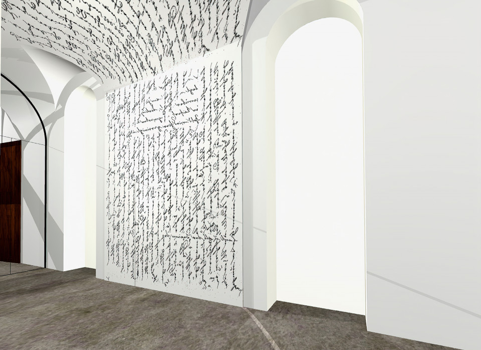 Ludwigstraße, 3D-Rendering Detail Wandgestaltung mit dem Abbild der Originalschrift von Leo von Klenze